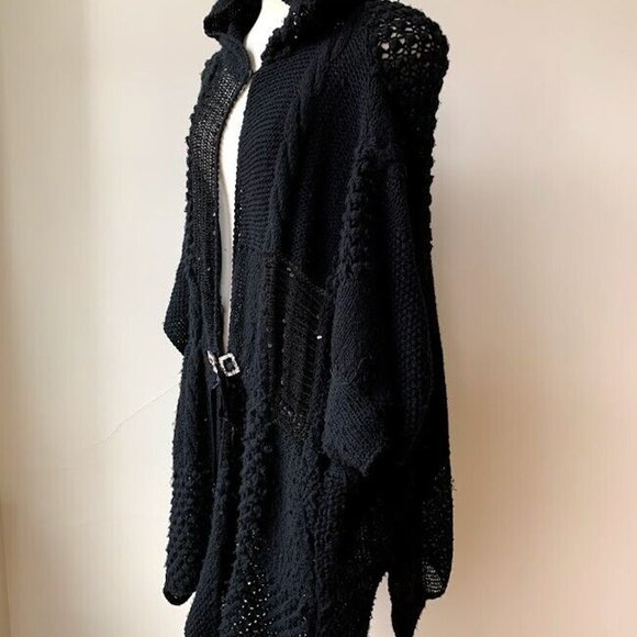 Marina Rinaldi by Marina Sport Black Knited Wool Hood Ponch Cardigan Jacket,